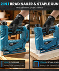 Makita 18V Compatible Cordless Brad Nailer And Stapler 2 In 1 for 18ga fasteners, showing t-type nail and crown staple features.