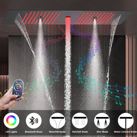 Slick Matte Black Full Body Shower System Featuring Digital Temperature Control Valve And 12 By 35 Inch Four In One Rainfall Showerhead with LED lights