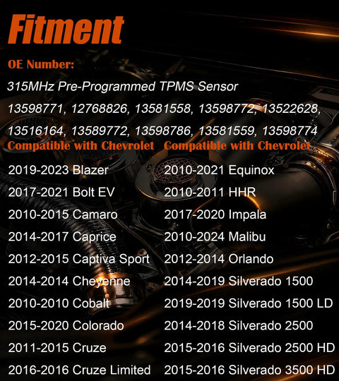 Straight Up Keep Your Setup Tight With This Fresh Set Of Four Preprogrammed TPMS Tire Pressure Monitoring Sensors At 315Mhz fitment details.