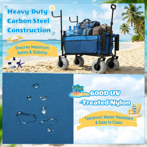 Heavy Duty Beach Fishing Cart For Sand With 9 Inch All Terrain Wheels Foldable Collapsible Wagon With Rod Holders And Side Pockets