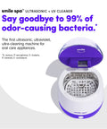 Ultra Deep Clean Ultrasonic And UV Dental Appliance Cleaner For Aligners, Retainers, Dentures, Mouthguards, Toothbrush Heads And More With Dual Cleaning Tech For A Fresh, Odor Free Smile. Purple and white unit open, showing stainless steel reservoir