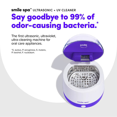 Ultra Deep Clean Ultrasonic And UV Dental Appliance Cleaner For Aligners, Retainers, Dentures, Mouthguards, Toothbrush Heads And More With Dual Cleaning Tech For A Fresh, Odor Free Smile. Purple and white unit open, showing stainless steel reservoir