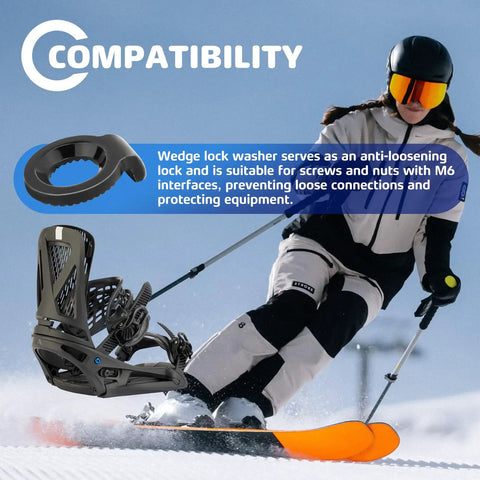 M6 Wedge Lock Washers Stainless Steel 8 Pack Snowboard Binding Hardware shown with snowboard binding and skier.