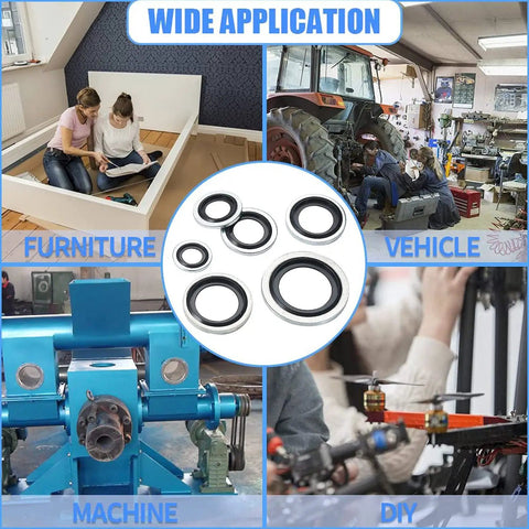 Bonded Seal Set With Self Centering Gasket Assortment For Automotive Use shown with various applications, 156 Piece Metric Seal Kit Pro Grade Covering Ten Sizes From M6 To M24, Oil And High Pressure Resistant Zinc Plated Rubber Seals For Quick DIY Repairs And Heavy Duty Sealing.