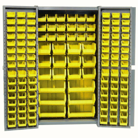 Built Tough Deep Door Bin Cabinet With 132 Yellow Plastic Storage Bins open, showcasing organized storage for workshop gear.