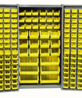 Built Tough Deep Door Bin Cabinet With 132 Yellow Plastic Storage Bins, featuring wide swinging doors and louvered panels, for organized workshop.