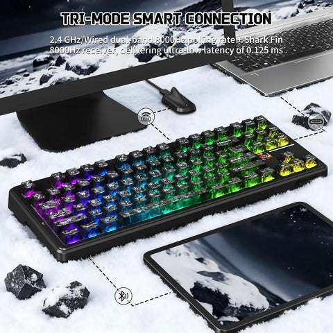 Top Shelf Wireless Mechanical Keyboard With Blazing 8k Polling Speed And A Rock Solid 10000Mah Cell Mounted On A Clever Dot Matrix Panel Plus Dope 168 Million Rgb Backlights For Your Pro Gamer Desk Rig on a snowy surface with devices.