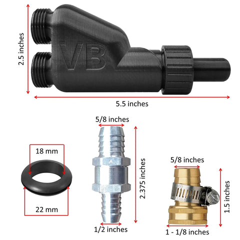 Wet Media Blast Gun Kit V3 Pro 3D Printed PETG Lightweight Tool with various size fittings and components shown with dimensions.