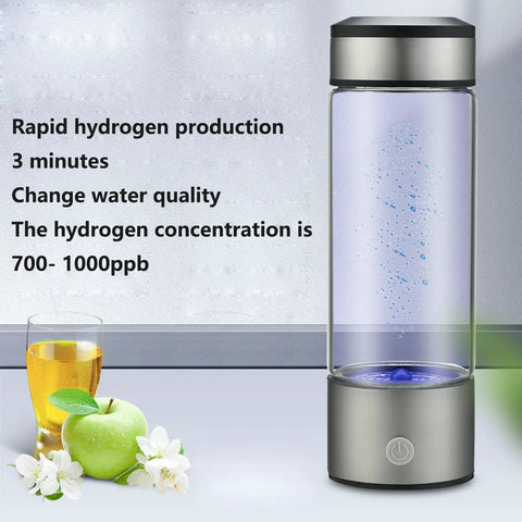 Portable 3 In 1 Hydrogen Water Ionizer Bottle With Quick Three Minute Hydrogen Production displayed with apple and drink