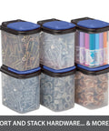 Stackable Clear Hardware Storage Bins Set With Blue Lids 1 Quart 8 Pack For Bolts Screws Nuts And Small Parts In Garage Or Workshop Easy Grab Containers For Quick DIY Access
