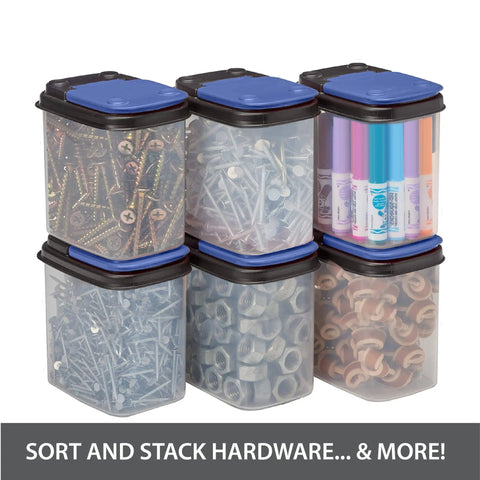 Stackable Clear Hardware Storage Bins Set With Blue Lids 1 Quart 8 Pack For Bolts Screws Nuts And Small Parts In Garage Or Workshop Easy Grab Containers For Quick DIY Access