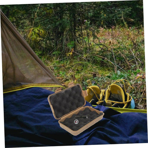 Open case from Three-Piece Survival Storage Case Set for Outdoor Junkies Ultra-Tough Shockproof, beside camping tent in forest