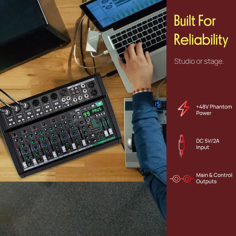 Ten Channel Studio DJ Mixer With Bluetooth And XLR Combo Mic Inputs USB MP3 Playback PC Recording DSP Effects LED Level Meters Smooth Dials And Faders For Live Shows Home Studio And Podcast Setups on desk