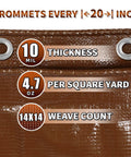 Brown Tarp 20x30 Feet 10 Mil Waterproof Poly Tarp with UV resistance, 10 mil thickness, grommets every 20 inches detail.