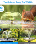 Solar Fountain Pump For Bird Bath With Built In 6W Solar Panel And 3000mAh Battery Backup, wildlife-friendly design with squirrel.