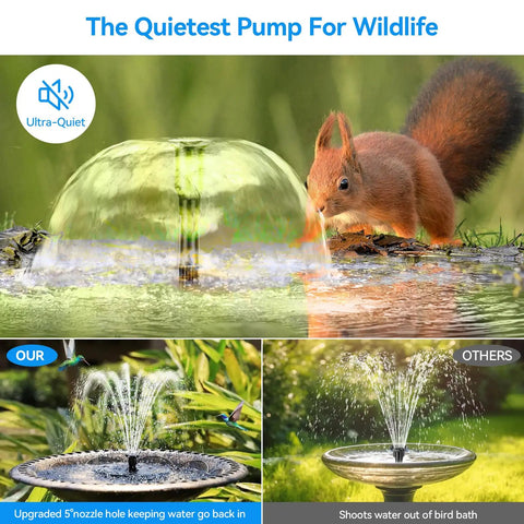 Solar Fountain Pump For Bird Bath With Built In 6W Solar Panel And 3000mAh Battery Backup, wildlife-friendly design with squirrel.
