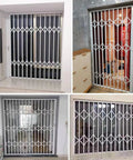 Heavy Duty White Retractable Security Grille For Sliding Burglar Windows And Storage Sheds Featuring Smooth Operator Design displayed in various home settings.