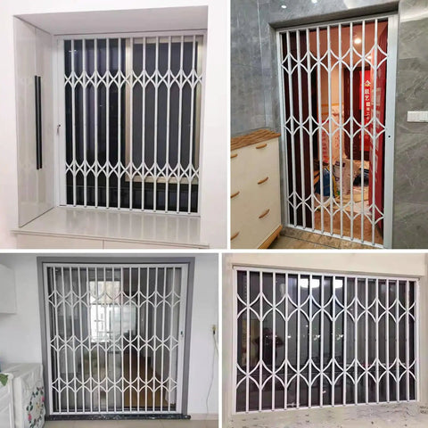 Heavy Duty White Retractable Security Grille For Sliding Burglar Windows And Storage Sheds Featuring Smooth Operator Design displayed in various home settings.