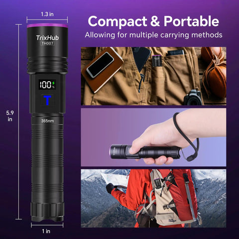 365Nm UV Black Light Flashlight With LCD Display Rechargeable 30W Ultraviolet for pet urine detection and resin curing.