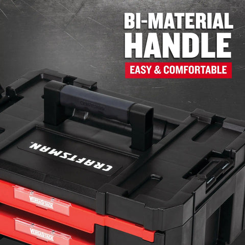 Heavy Duty Plastic Tool Box With Drawers And Stackable Organizer System, bi-material handle visible, close-up view