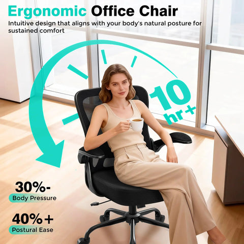 Person sitting on Ergonomic Breathable Mesh Desk Chair With Adjustable Lumbar Support And Flip Up Armrests High Back Boss Level Comfort