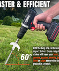 Person using drill with Heavy Duty 12 Pack Tent Stakes 8 Inch Ground Anchors Screw In With Glow In The Dark Heads in grass.