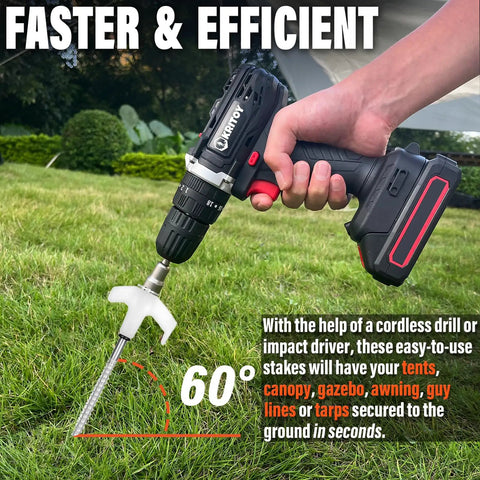 Person using drill with Heavy Duty 12 Pack Tent Stakes 8 Inch Ground Anchors Screw In With Glow In The Dark Heads in grass.