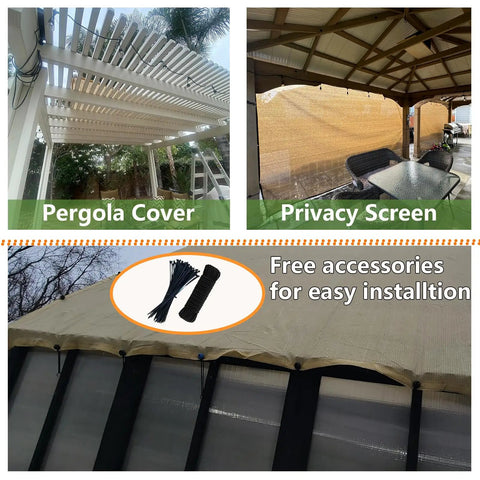 90 Percent Sun Block Shade Cloth 12x24 Ft For Outdoor Deck Backyard Patio Garden Pergola Canopy Beige Premium HDPE Knit with accessories