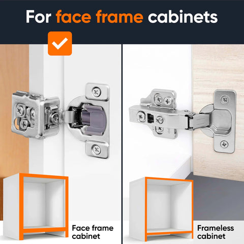 Comparison of Soft Close Cabinet Hinges Set For One And A Quarter Inch Overlay Kitchen Cabinets, 40 Pack on face frame vs frameless cabinet.