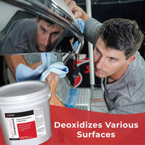 Man applying Buff Magic Compound The Go To Multi Purpose Restoration Polish For Stainless Hardware And Railings 10lb Pink