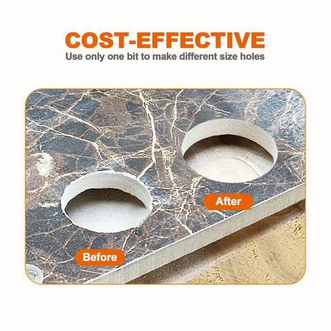 Diamond finger milling bit for enlarging holes on a marble countertop; before and after comparison