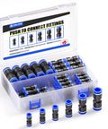 60 Piece Pneumatic Straight Push Connectors Plug And Play Quick Release Fittings Set for various tubing sizes displayed in box