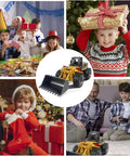 Collage with kids and a One Eighteen Scale RC Front Loader Toy Truck With Alloy Body Built Tough Loading Arm