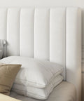 Full Size Velvet Upholstered Bed Frame With Channel Tufted Headboard And Heavy Duty Wooden Slats Platform Bed Base No Box Spring Required Easy Peasy Assembly Straight Up Luxe White Look close-up of white channel tufted headboard with pillows