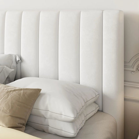 Full Size Velvet Upholstered Bed Frame With Channel Tufted Headboard And Heavy Duty Wooden Slats Platform Bed Base No Box Spring Required Easy Peasy Assembly Straight Up Luxe White Look close-up of white channel tufted headboard with pillows