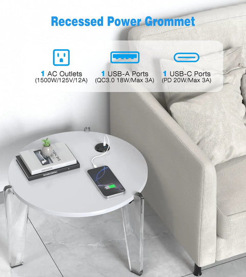 Kick Tangled Cords To The Curb With This 2 Inch Flush Mount Recessed Power Grommet Featuring 20W Usbc Fast Charging And Qc3.0 Usba Port For A Super Clean Snappy Workspace Setup, showing AC and USB ports on a modern table.