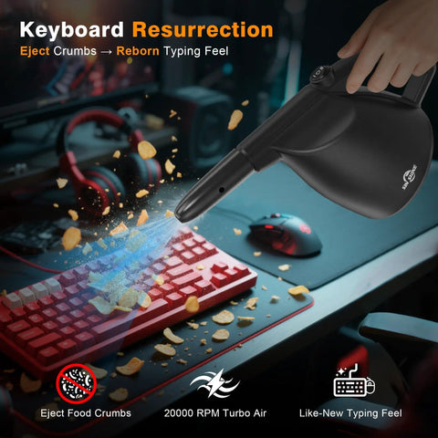 High Power Electric Air Duster For Keyboard And Laptop Cleanup 110000 RPM Blower That Replaces Canned Air in use on keyboard.