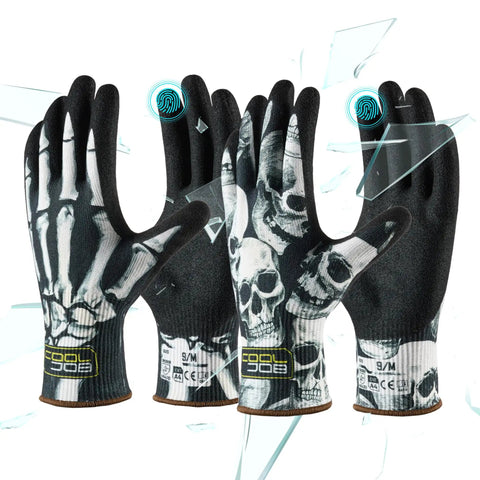 Two Pairs A4 Cut Resistant Gloves For Work And Fishing With Touchscreen Compatibility, Nitrile Grip, Knife Proof Anti Slip Dexterous Rubber Coating For Glass Handling And Wood Carving, Large, featuring skull design.