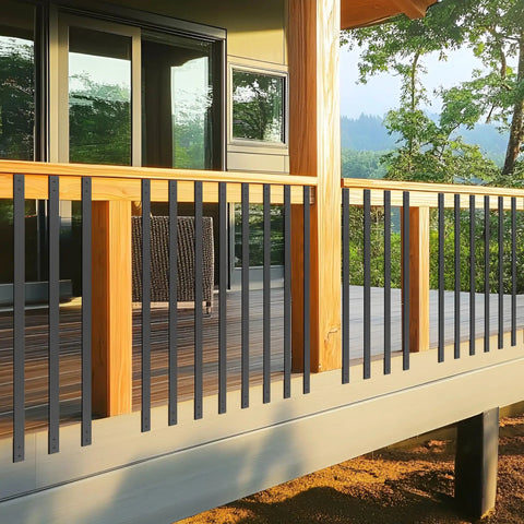 Built Tough Sixty One Pack Heavy Duty Black Metal Deck Balusters Plus Mounting Bolts 32 Inch Flat Straight Cast Iron Railing on porch