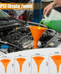 23 Piece No Spill Coolant Funnel And Siphon Hose Pump Kit For No Sweat Radiator Refills And Quick Cooling System Air Bleeding, showing orange funnels in use.