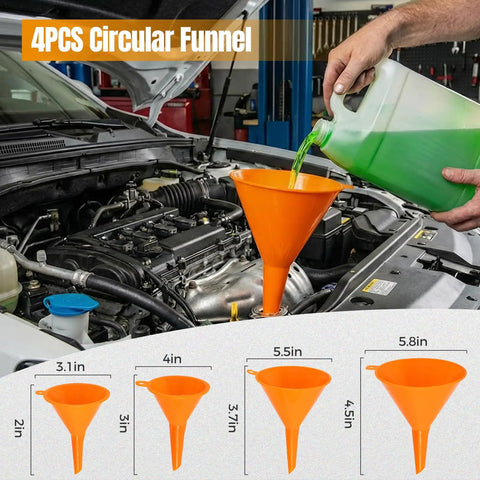 23 Piece No Spill Coolant Funnel And Siphon Hose Pump Kit For No Sweat Radiator Refills And Quick Cooling System Air Bleeding, showing orange funnels in use.
