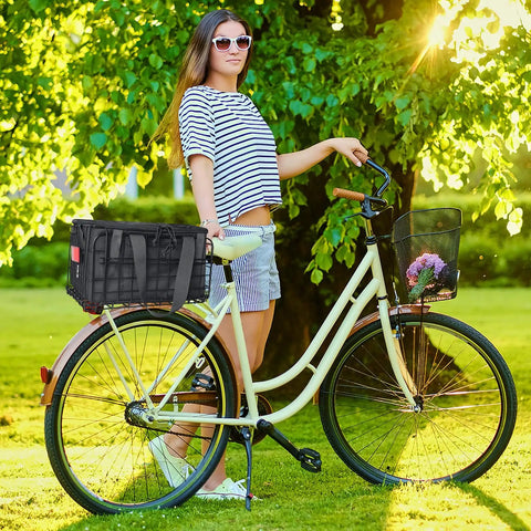 Rear Bike Basket With Removable Insulated Liner Ride Ready Rainproof Cover Cargo Net Quick Release on woman's bicycle in park.