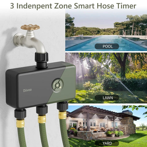 WiFi Sprinkler Timer 3 Zone With Alexa and Google Assistant Compatibility installed on faucet for gardens, yards, lawns