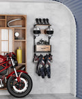 Built Tough Heavy Duty Motorcycle Helmet Holder Wall Mounted Rack Holds Six Helmets And Riding Gear Storage Organizer For Your Garage Or Bike Shop Display Unit with helmets, gloves, and jackets.