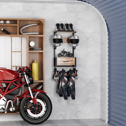 Built Tough Heavy Duty Motorcycle Helmet Holder Wall Mounted Rack Holds Six Helmets And Riding Gear Storage Organizer For Your Garage Or Bike Shop Display Unit with helmets, gloves, and jackets.
