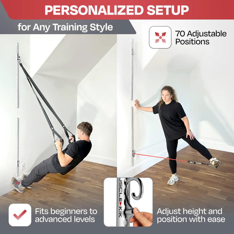 Kickass Aluminum Wall Mounted Fitness Anchor Platform For Heavy Lifting And Muscle Sculpting Adjustable Home Gym Rig With Legit 300 Pound Capacity And Super Quick Install showing two people using adjustable resistance straps.