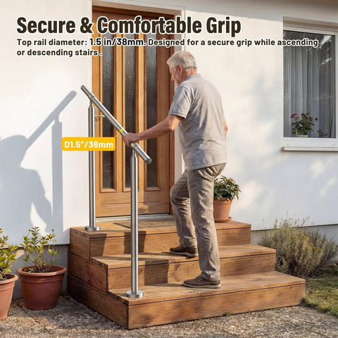 Top Notch 304 Stainless Steel Two Step Stair Handrail Kit With A Comfy 1.5 Inch Grip Rail, man using handrail for safety.