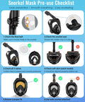 G2 Full Face Snorkel Mask With Dry Top System pre-use checklist showing six safety steps for snorkeling preparation.