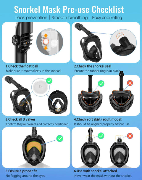 G2 Full Face Snorkel Mask With Dry Top System pre-use checklist showing six safety steps for snorkeling preparation.