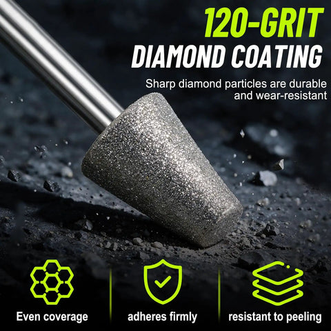 Close-up of a 120-grit diamond coated rotary burr from the 54 Piece Diamond Burrs Rotary Tool Kit With Magnetic Water Drip Cooling System.